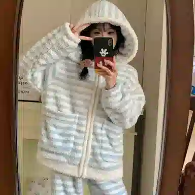 静英鸾 休闲时尚拉链连帽甜美简约蓝条纹法兰绒柔软舒适可外穿家居服睡衣套装 女款