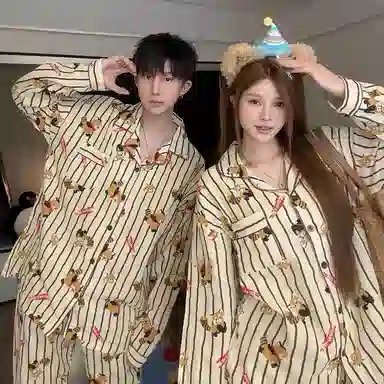 静英鸾 简约卡通图案舒适休闲风长袖翻领家居服睡衣礼盒 男女同款