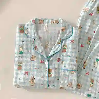 静英鸾 翻领方格卡通图案满印简约舒适可外穿家居服睡衣礼盒 女款