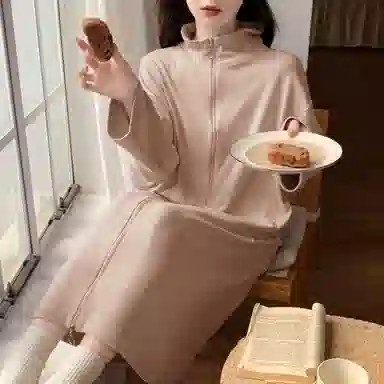 静英鸾 德绒长袖长裙翻领拉链纯色简约家居服秋冬季保暖套装 女款