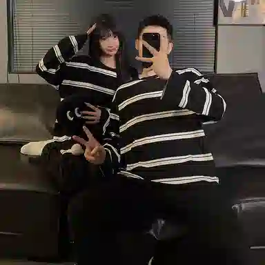 静英鸾 纯棉简约纯色条纹圆领套头长袖长裤休闲家居服秋冬季睡衣套装 男女同款