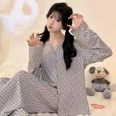 静英鸾 冰丝螺纹长袖长裤圆领开衫韩系小碎花印花家居服春秋季睡衣套装 女款