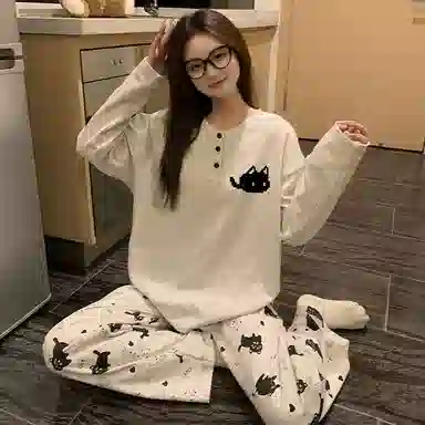 静英鸾 圆领开衫甜美卡通小猫长袖长裤休闲家居服秋冬季睡衣套装 女款