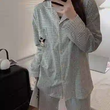 静英鸾 情侣翻领长袖舒适宽松格子家居服睡衣套装 男女同款