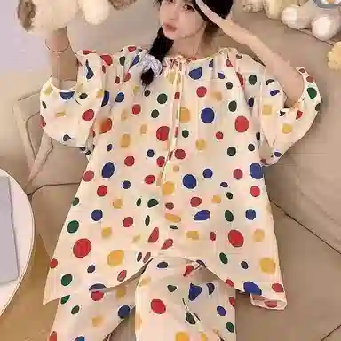 静英鸾 双长休闲舒适简约彩色波点圆领设计家居服睡衣套装 女款