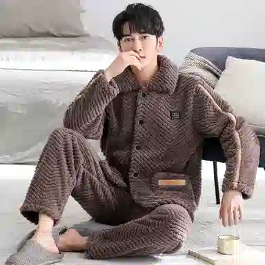 静英鸾 翻领简约设计加厚加绒可外穿开衫家居服睡衣套装 男款