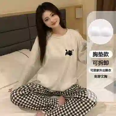 静英鸾 可拆卸胸垫休闲时尚简约高级感卡通小猫亲肤柔软舒适可外穿家居服睡衣套装 女款