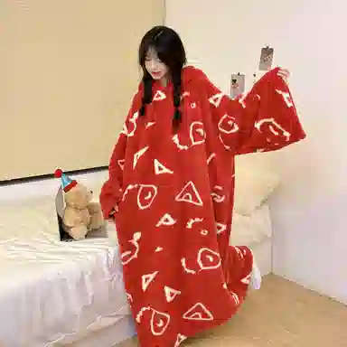 静英鸾 珊瑚绒保暖加绒加厚满印图形纯色简约连帽长袖休闲家居服睡袍 女款