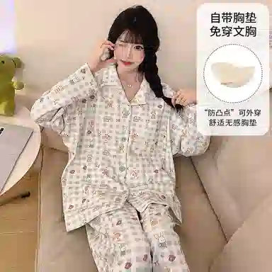 静英鸾 带胸垫长袖长裤翻领开衫卡通格子兔子小熊家居服睡衣套装 女款