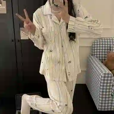 静英鸾 家居休闲舒适简约风格条纹长袖开衫服睡衣套装 女款