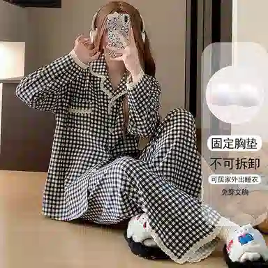 静英鸾 透气长袖舒适可外穿轻便格子家居服睡衣套装 女款