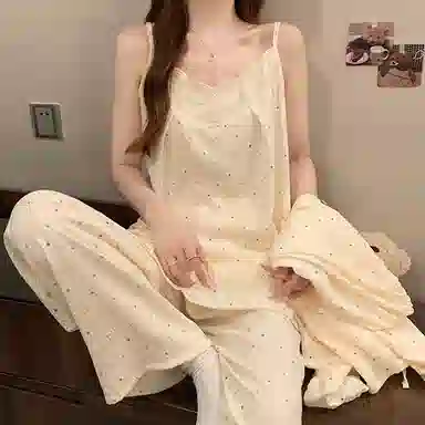 静英鸾 可外穿舒适圆领设计彩色波点长袖三件套家居服睡衣套装 女款