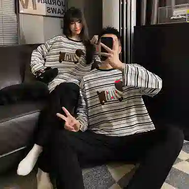 静英鸾 纯棉卡通可爱腊肠狗条纹圆领套头长袖长裤休闲家居服秋冬季睡衣套装 男女同款