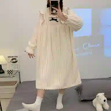 静英鸾 舒适简约长袖保暖加绒方领设计家居服睡裙 女款