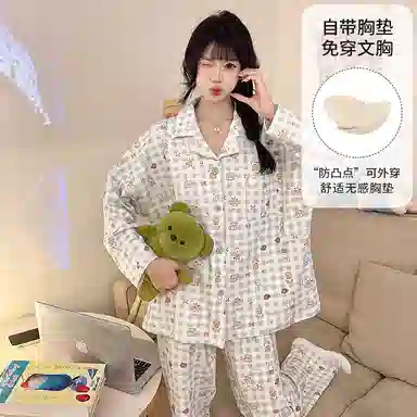 静英鸾 带胸垫长袖长裤翻领开衫卡通格子兔子小熊家居服睡衣套装 女款