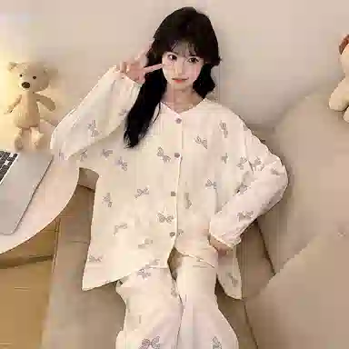 静英鸾 云朵棉长袖长裤圆领开衫可爱甜美蝴蝶结家居服秋冬季睡衣套装 女款