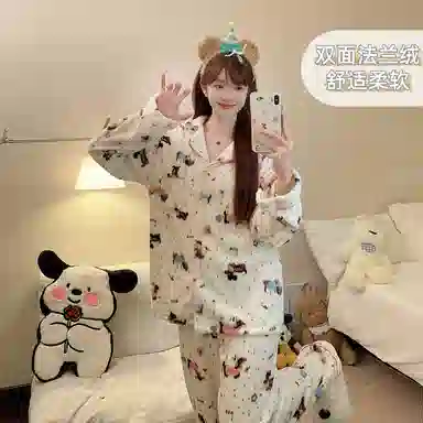 静英鸾 冬季宅家可爱腊肠狗甜美风珊瑚绒加绒加厚家居服睡衣套装 女款