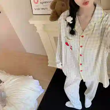 静英鸾 云朵棉长袖长裤翻领开衫纯色格子苹果两件套家居服秋冬季睡衣套装 女款