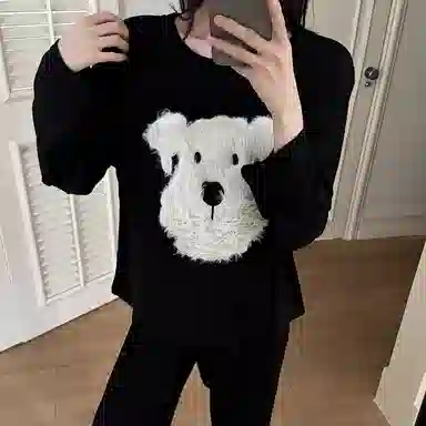 静英鸾 棉质带胸垫长袖长裤圆领套头纯色可爱卡通毛绒小狗简约家居服秋冬季睡衣套装 女款
