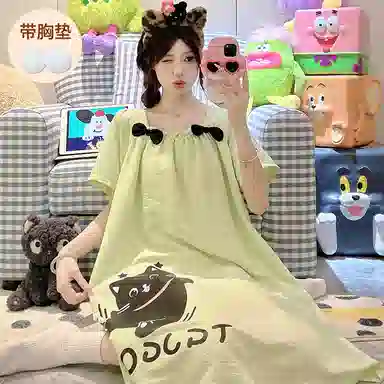 静英鸾 短袖卡通小猫甜美风休闲舒适家居服睡裙 女款