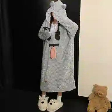 静英鸾 休闲时尚简约灰甜美可爱卡通柔软保暖舒适可外穿家居服睡裙 女款