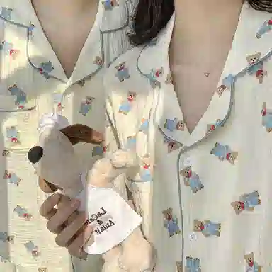 静英鸾 家居情侣可爱小熊图案短袖短裤简约设计服睡衣礼盒 男女同款
