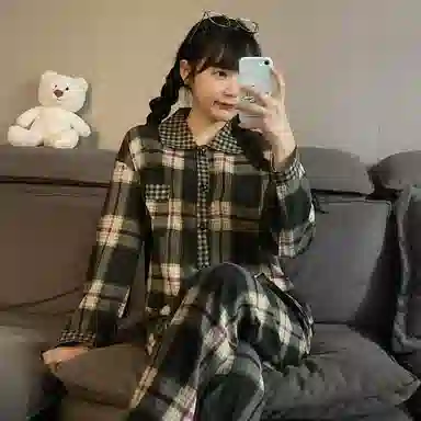 静英鸾 情侣格子长袖开衫简约设计家居服睡衣套装 男女同款