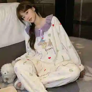 静英鸾 休闲时尚甜美可爱卡通小狗保暖亲肤舒适可外穿家居服睡衣套装 女款