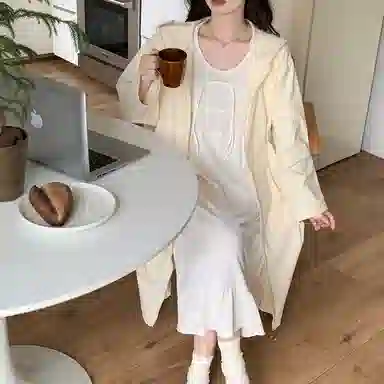 静英鸾 德绒长袖长裙连帽拉链纯色简约休闲舒适家居服秋冬季保暖套装 女款