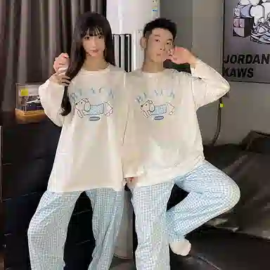 静英鸾 纯棉卡通可爱小狗格子圆领套头长袖长裤休闲家居服秋冬季睡衣套装 男女同款
