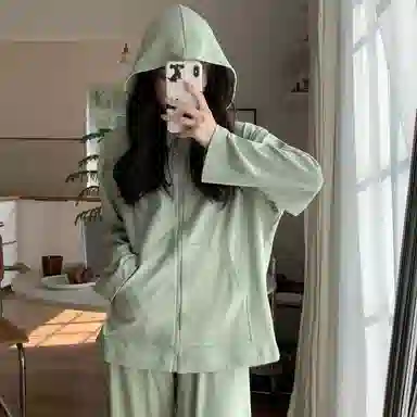静英鸾 德绒长袖长裤连帽拉链带口袋纯色简约小清新两件套家居服秋冬季保暖套装 女款