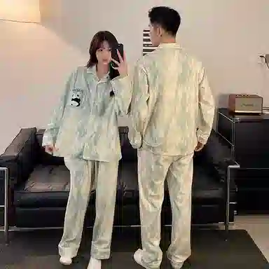 静英鸾 翻领纯色卡通熊猫简约风德绒加厚保暖家居服睡衣套装 男女同款