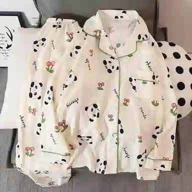 静英鸾 卡通满印熊猫翻领开衫长袖长裤休闲家居服秋冬季睡衣套装 女款