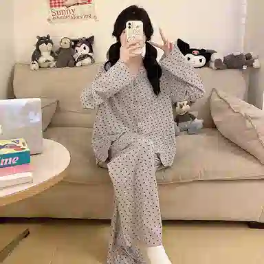 静英鸾 冰丝螺纹长袖长裤圆领开衫韩系小碎花印花家居服春秋季睡衣套装 女款