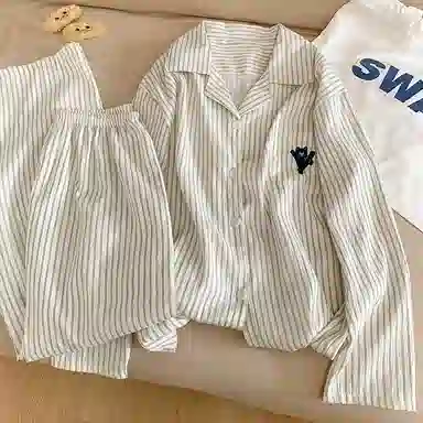 静英鸾 情侣舒适简约条纹卡通图案长袖长裤家居服睡衣套装 男女同款
