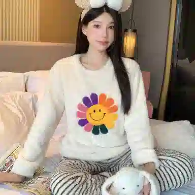 静英鸾 珊瑚绒加绒加厚保暖圆领简约大花长袖长裤休闲家居服秋冬季睡衣套装 女款