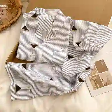静英鸾 简约休闲翻领条纹亲肤舒适可外穿家居服睡衣套装 女款