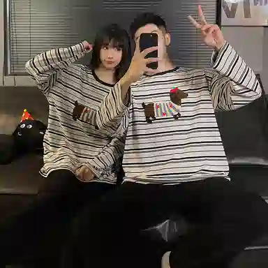 静英鸾 纯棉卡通可爱腊肠狗条纹圆领套头长袖长裤休闲家居服秋冬季睡衣套装 男女同款