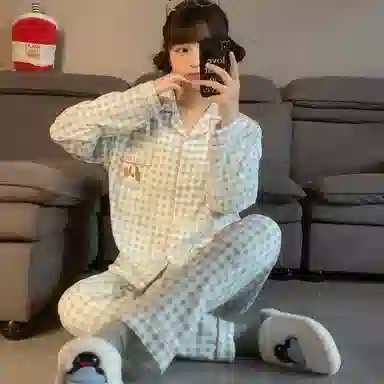 静英鸾 家居女舒适简约翻领设计格子图案长袖服睡衣礼盒 女款