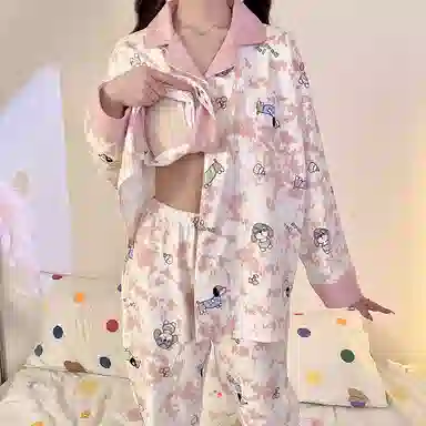 静英鸾 仿棉带胸垫长袖长裤翻领开衫卡通甜美腊肠狗家居服春秋季睡衣套装 女款