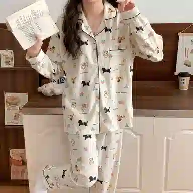 静英鸾 可爱卡通图案满印简约舒适翻领可外穿家居服睡衣套装 女款