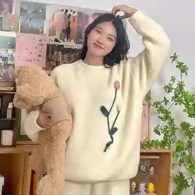 静英鸾 珊瑚绒保暖加绒加厚甜美玫瑰花长袖长裤圆领套头休闲家居服秋冬季睡衣套装 女款