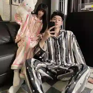 静英鸾 翻领卡通爱心星星甜美风珊瑚绒加绒加厚保暖家居服秋冬季睡衣套装 男女同款