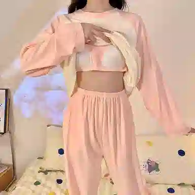 静英鸾 德绒带胸垫长袖长裤圆领套头纯色甜美笑脸家居服秋冬季保暖套装 女款