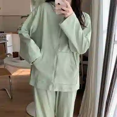 静英鸾 德绒长袖长裤连帽拉链带口袋纯色简约小清新两件套家居服秋冬季保暖套装 女款