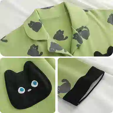 静英鸾 卡通小猫翻领时尚甜美风德绒加厚保暖家居服睡衣套装 女款