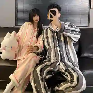 静英鸾 翻领卡通爱心星星甜美风珊瑚绒加绒加厚保暖家居服秋冬季睡衣套装 男女同款