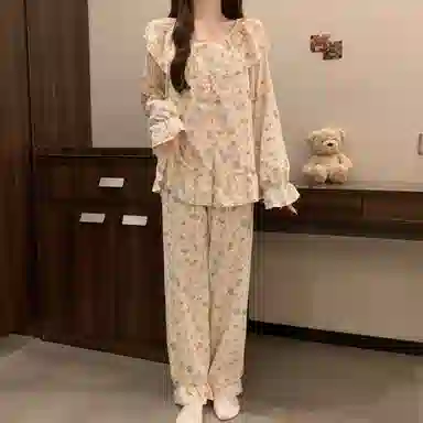 静英鸾 带胸垫长袖长裤满印卡通可爱小熊家居服秋冬季睡衣套装 女款