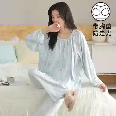静英鸾 带胸垫翻领休闲甜美可爱时尚简约蓝亲肤舒适家居服睡衣套装 女款