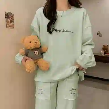 静英鸾 德绒长袖长裤圆领套头纯色简约小清新休闲两件套家居服秋冬季保暖套装 女款